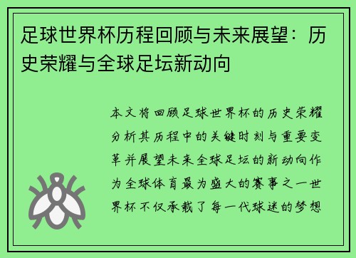 足球世界杯历程回顾与未来展望：历史荣耀与全球足坛新动向