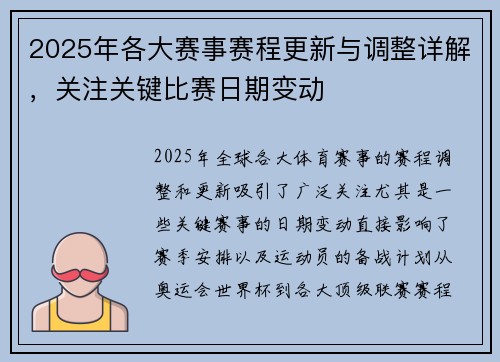 2025年各大赛事赛程更新与调整详解，关注关键比赛日期变动