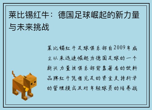 莱比锡红牛：德国足球崛起的新力量与未来挑战
