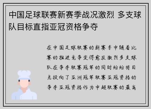 中国足球联赛新赛季战况激烈 多支球队目标直指亚冠资格争夺