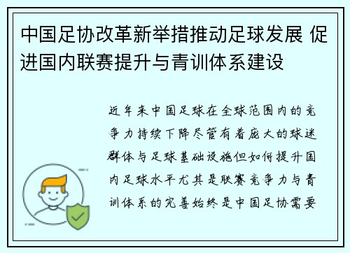 中国足协改革新举措推动足球发展 促进国内联赛提升与青训体系建设