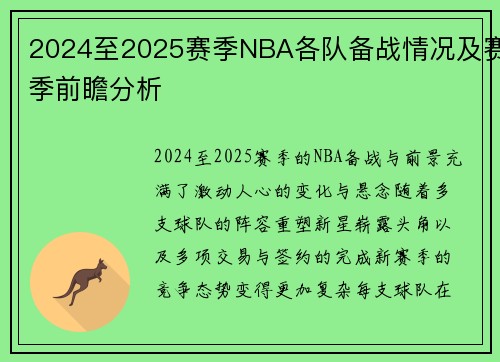 2024至2025赛季NBA各队备战情况及赛季前瞻分析