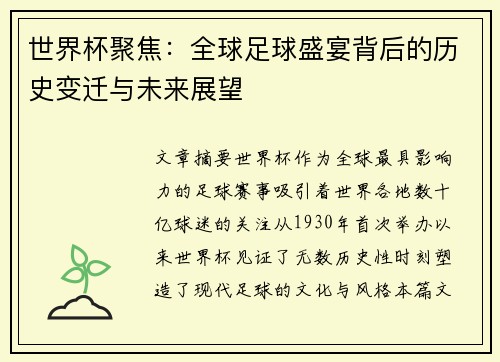 世界杯聚焦：全球足球盛宴背后的历史变迁与未来展望