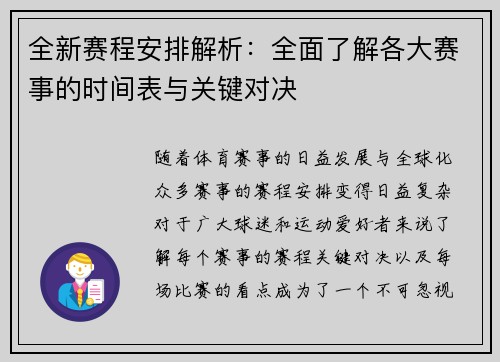 全新赛程安排解析：全面了解各大赛事的时间表与关键对决