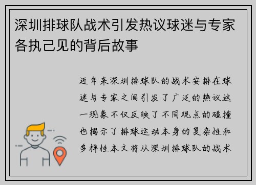 深圳排球队战术引发热议球迷与专家各执己见的背后故事